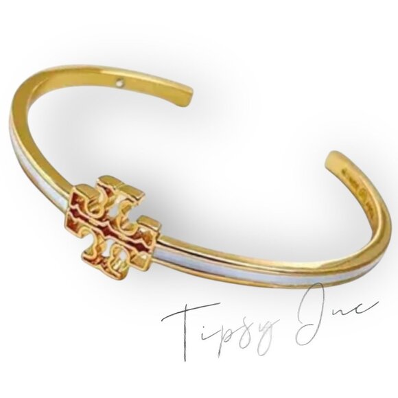Tory Burch Gold & White Enamel Metal Cuff Bracelet - Picture 1 of 3